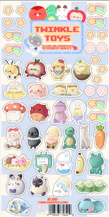 Twinkle Toys Mini Plushies Vinyl Glitter Sticker Sheet
