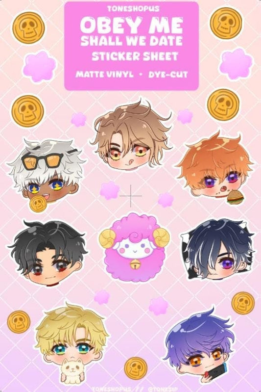 Obey Me! Shall We Date Holographic Chibis Sticker Sheet Version 1 | 8 Stickers | Mammon, Lucifer, Levi, Beel, Satan, Belphie, Asmo