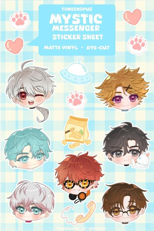 MysMes Holographic Sticker Sheet | 7 Stickers | 707, Saeran, Zen, Yoosung, Jumin Han, Jaehee, V