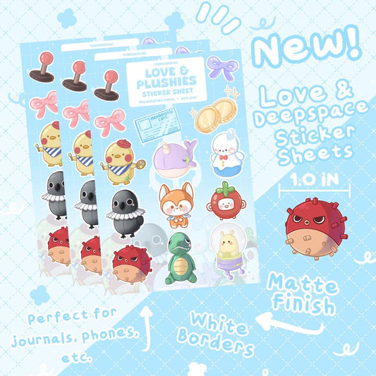 Love & Plushies Holographic Sticker Sheet | 14 Stickers | Artsy Boing, Grumpy Crow, Happy Snowman, Smiley Dino |