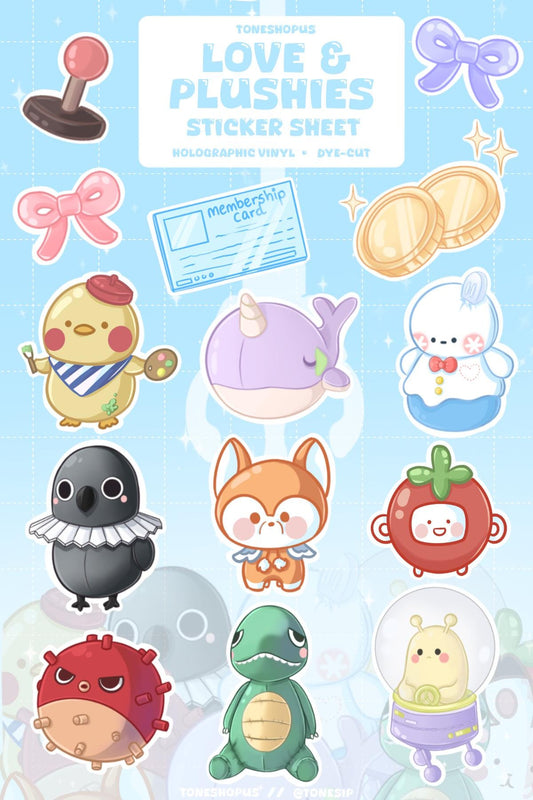 Love & Plushies Holographic Sticker Sheet | 14 Stickers | Artsy Boing, Grumpy Crow, Happy Snowman, Smiley Dino |