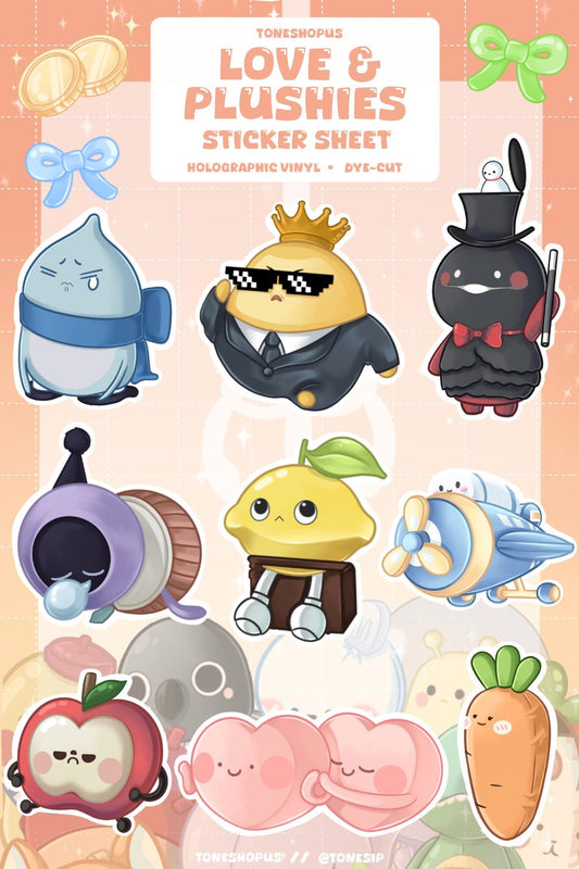 Love & Plushies Holographic Sticker Sheet Version 2 | 12 Stickers | Mr.Beanie, Lemonette, Heartbreaker, Snoozer, Pumpkin Magus |