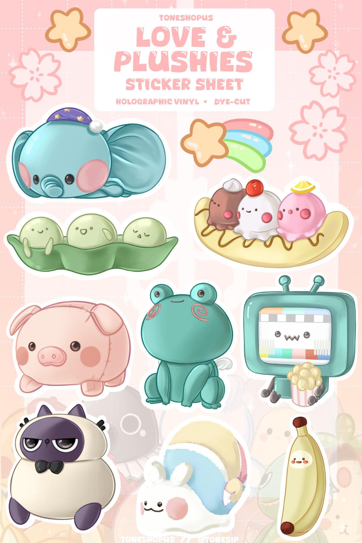 Love & Plushies Holographic Sticker Sheet Version 3 | 16 Stickers | Chubby Pig, Fussy Kitty, Flashback Telly and more! |