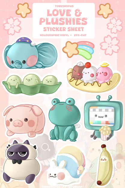 Love & Plushies Holographic Sticker Sheet Version 3 | 16 Stickers | Chubby Pig, Fussy Kitty, Flashback Telly and more! |