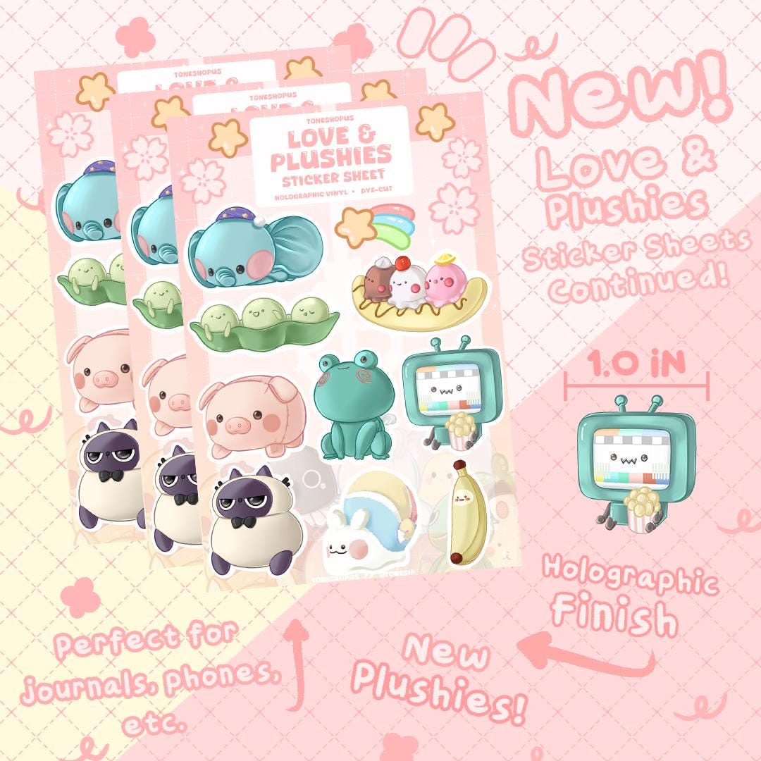 Love & Plushies Holographic Sticker Sheet Version 3 | 16 Stickers | Chubby Pig, Fussy Kitty, Flashback Telly and more! |