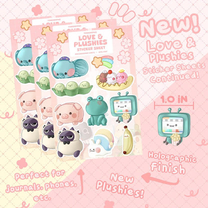 Love & Plushies Holographic Sticker Sheet Version 3 | 16 Stickers | Chubby Pig, Fussy Kitty, Flashback Telly and more! |