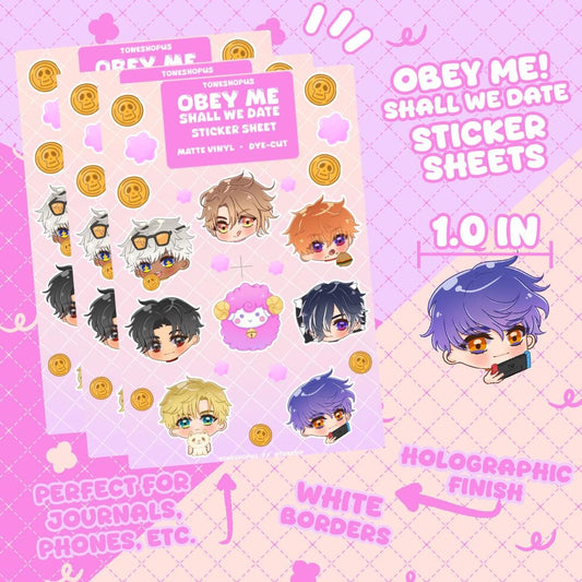 Obey Me! Shall We Date Holographic Chibis Sticker Sheet Version 1 | 8 Stickers | Mammon, Lucifer, Levi, Beel, Satan, Belphie, Asmo
