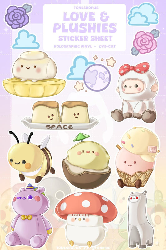 Love & Plushies Holographic Sticker Sheet Version 4 | 14 Stickers | Fleecy, Fairy Mare, Cuddly Llama, Coco Puff, Jiggly Pudding, etc. |