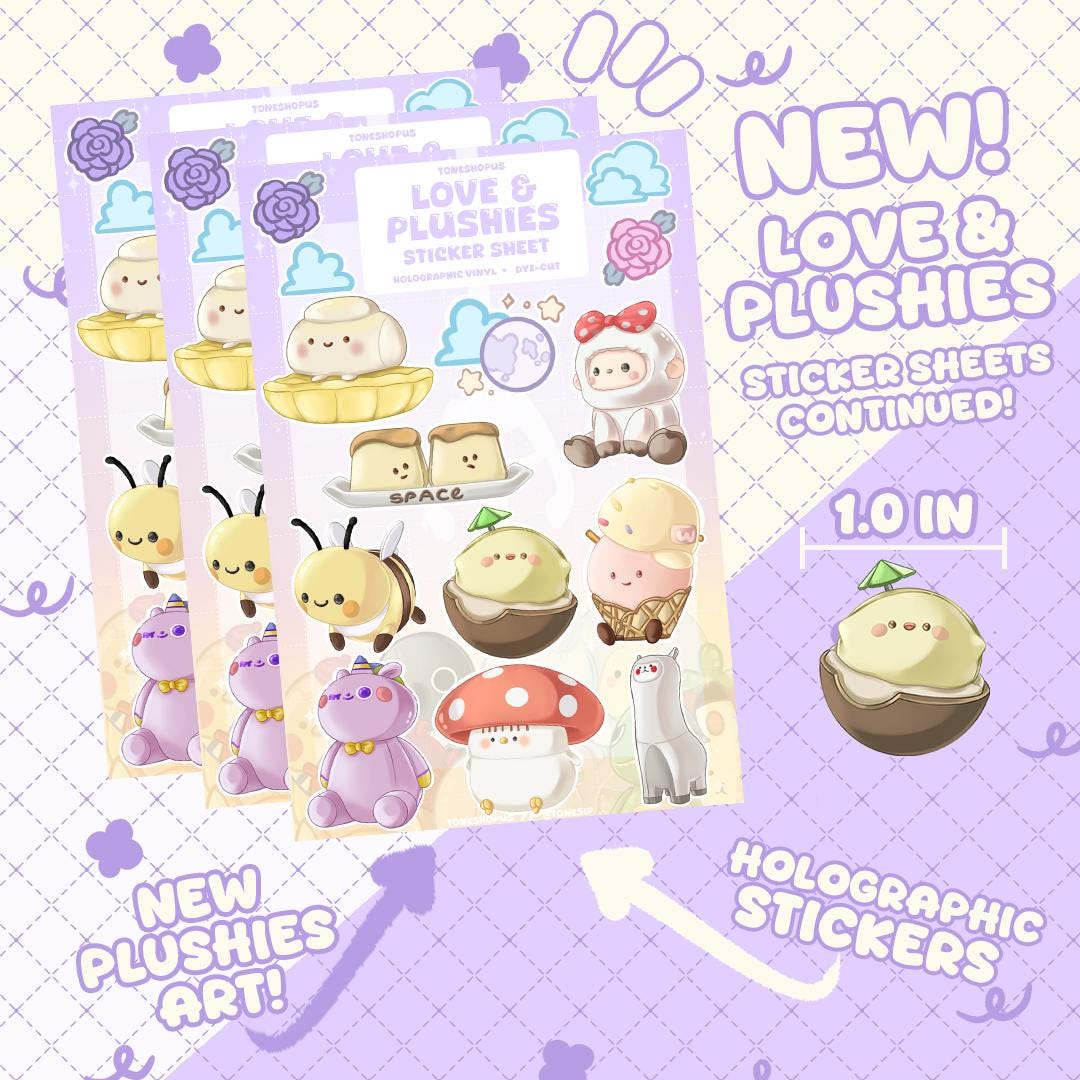 Love & Plushies Holographic Sticker Sheet Version 4 | 14 Stickers | Fleecy, Fairy Mare, Cuddly Llama, Coco Puff, Jiggly Pudding, etc. |