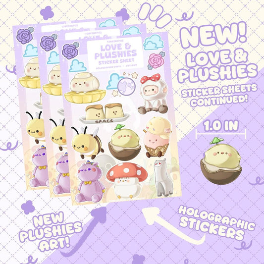 Love & Plushies Holographic Sticker Sheet Version 4 | 14 Stickers | Fleecy, Fairy Mare, Cuddly Llama, Coco Puff, Jiggly Pudding, etc. |